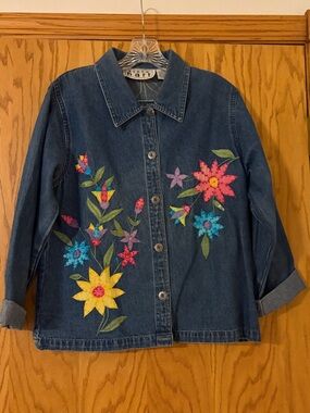 KEREN hart Dark Blue Denim Jacket with Multicolor Floral Appliqués